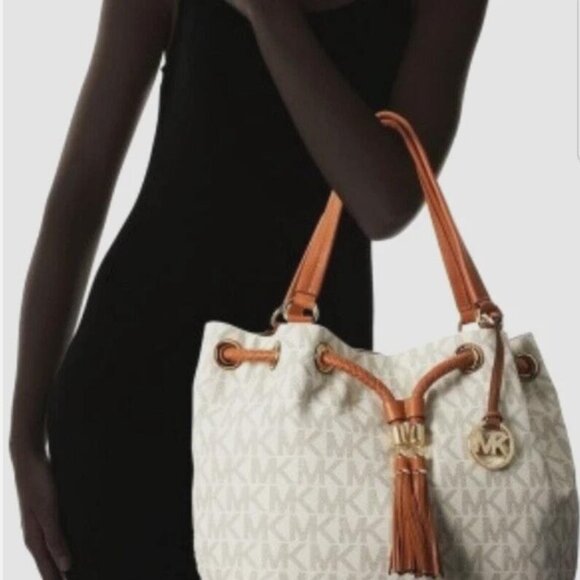 Michael Michael Kors Jet Set Large Logo Leather Gathered Brown Vanilla Tote Bag - Picture 2 of 14